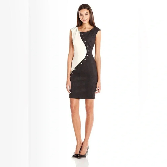 JAX Yin Yang Inspired Sheath Dress Grommet Accented Cap Sleeve Knee Length - Picture 1 of 7